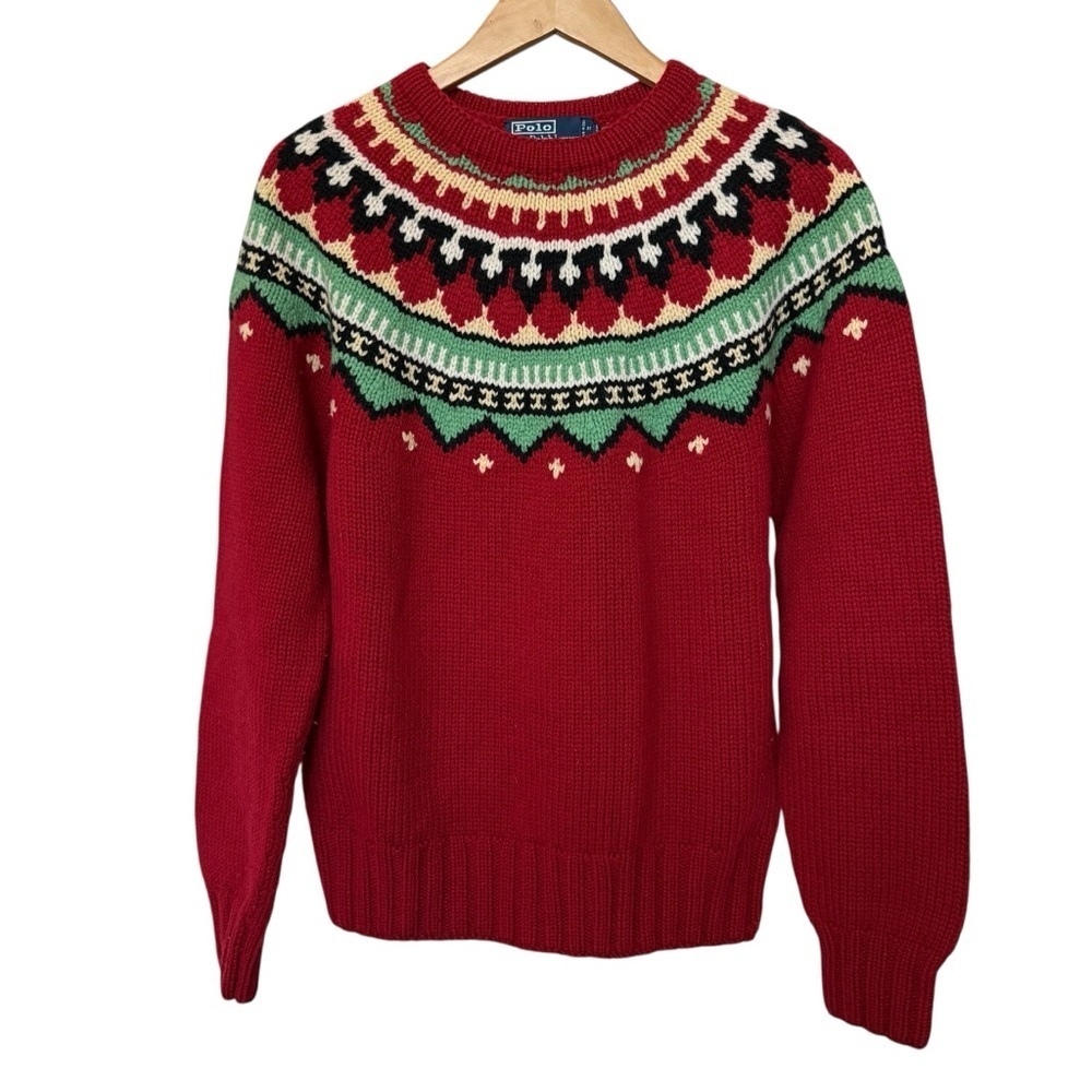 VTG 90’s Polo Ralph Lauren Unisex M Red Fair Isle Hand Knit Lambswool Sweater
